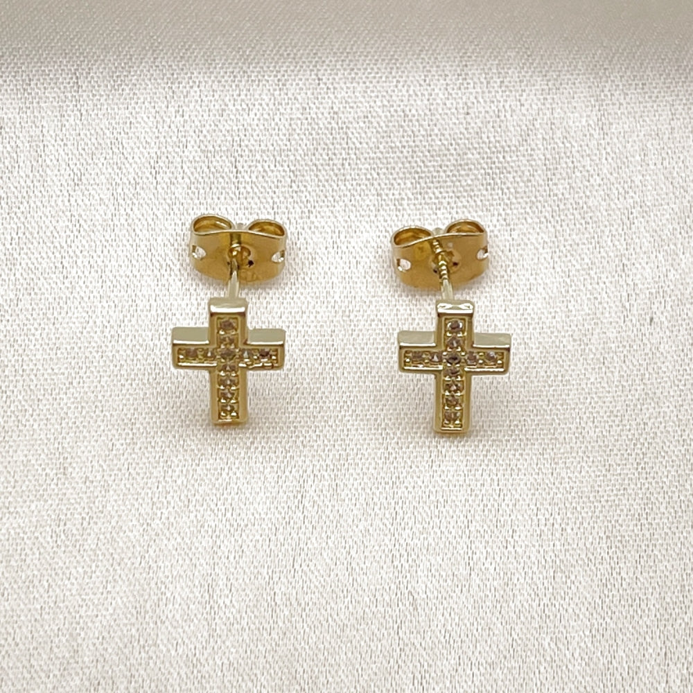Oro Laminado Stud Earring, Gold Filled Style Cross Design, with White Micro Pave, Polished, Golden Finish