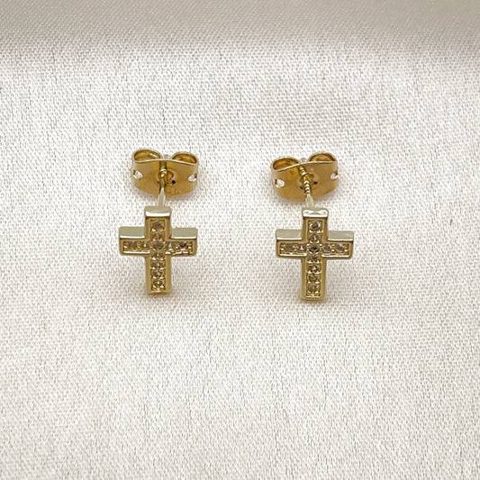 Oro Laminado Stud Earring, Gold Filled Style Cross Design, with White Micro Pave, Polished, Golden Finish