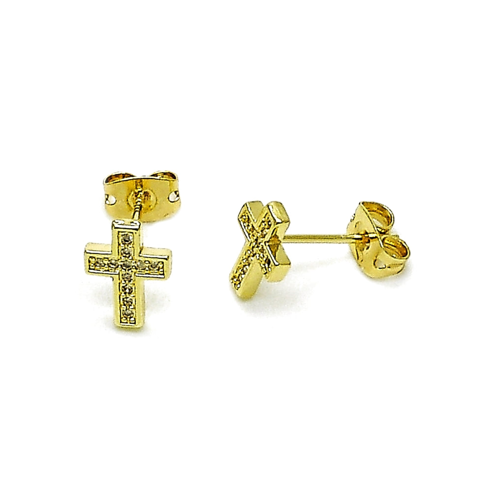 Oro Laminado Stud Earring, Gold Filled Style Cross Design, with White Micro Pave, Polished, Golden Finish