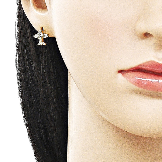 Oro Laminado Stud Earring, Gold Filled Style Airplane Design, with White Micro Pave, Polished, Golden Finish