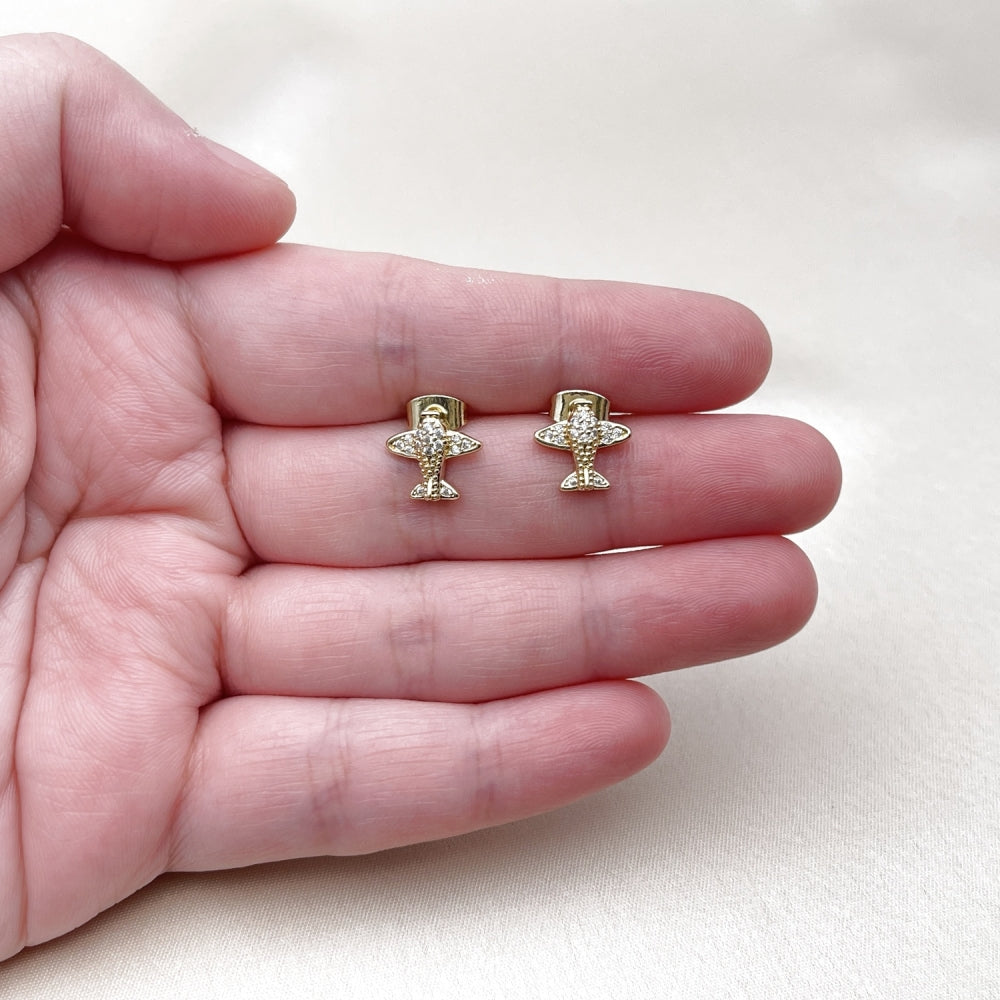 Oro Laminado Stud Earring, Gold Filled Style Airplane Design, with White Micro Pave, Polished, Golden Finish