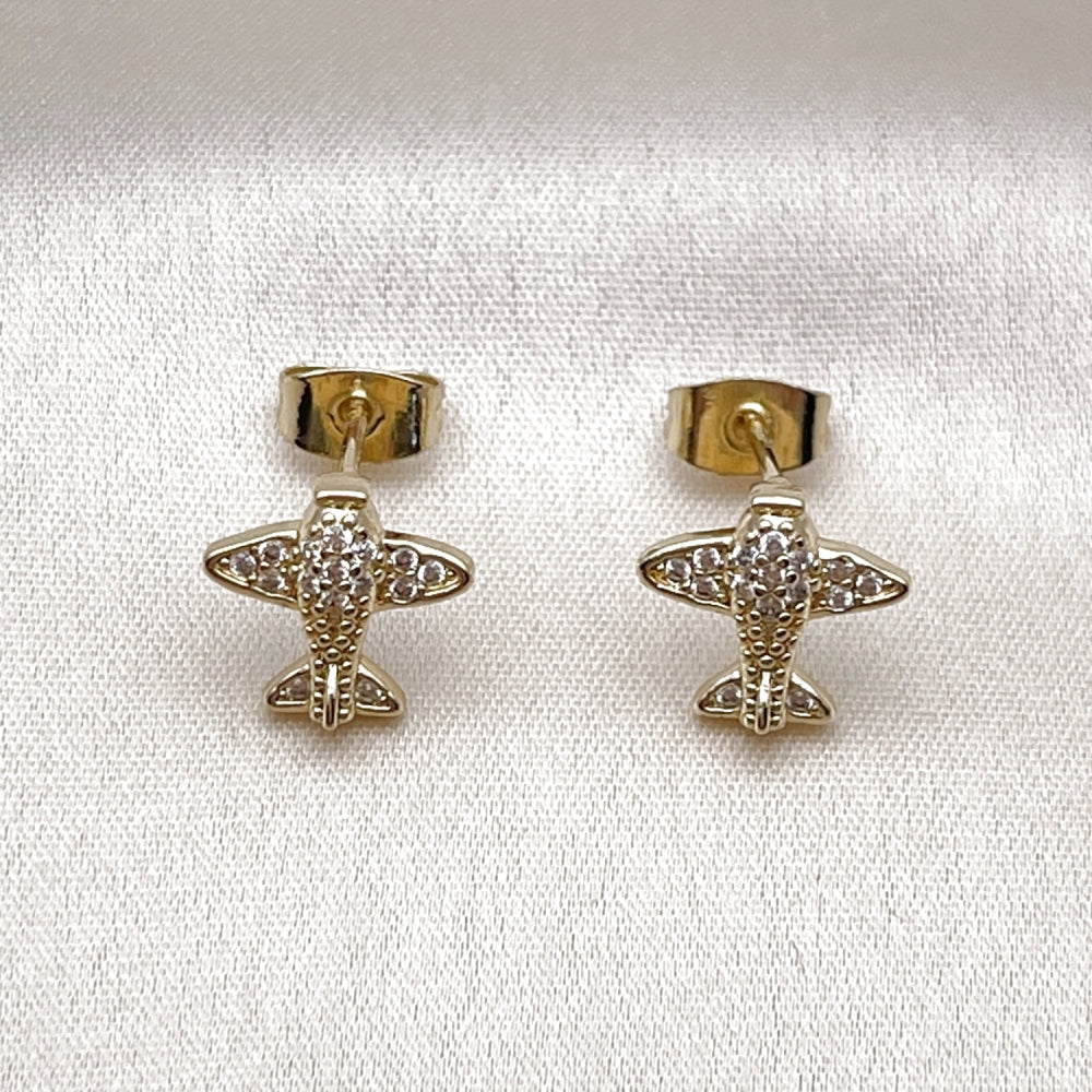 Oro Laminado Stud Earring, Gold Filled Style Airplane Design, with White Micro Pave, Polished, Golden Finish