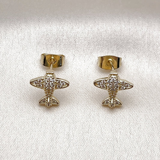 Oro Laminado Stud Earring, Gold Filled Style Airplane Design, with White Micro Pave, Polished, Golden Finish