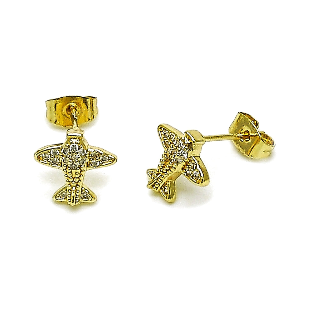 Oro Laminado Stud Earring, Gold Filled Style Airplane Design, with White Micro Pave, Polished, Golden Finish