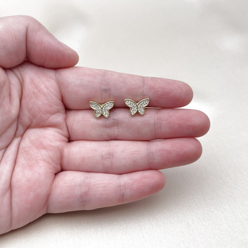 Oro Laminado Stud Earring, Gold Filled Style Butterfly Design, with White Micro Pave, Polished, Golden Finish