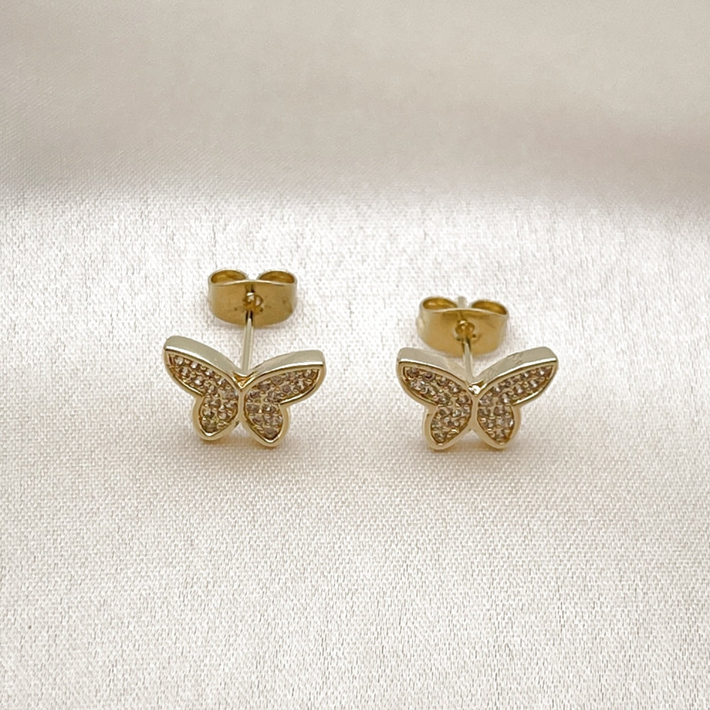 Oro Laminado Stud Earring, Gold Filled Style Butterfly Design, with White Micro Pave, Polished, Golden Finish