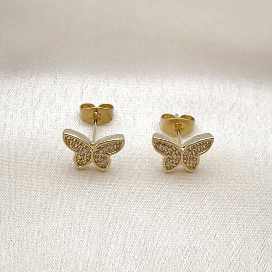 Oro Laminado Stud Earring, Gold Filled Style Butterfly Design, with White Micro Pave, Polished, Golden Finish