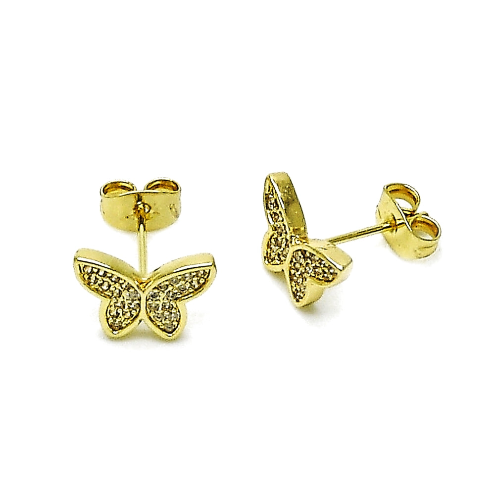 Oro Laminado Stud Earring, Gold Filled Style Butterfly Design, with White Micro Pave, Polished, Golden Finish