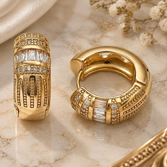 Oro Laminado Huggie Hoop, Gold Filled Style Baguette Design, with White Cubic Zirconia, Polished, Golden Finish