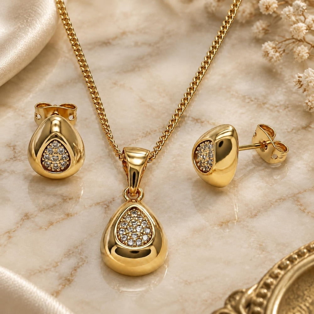 Oro Laminado Earring and Pendant Adult Set, Gold Filled Style Teardrop Design, with White Micro Pave, Polished, Golden Finish
