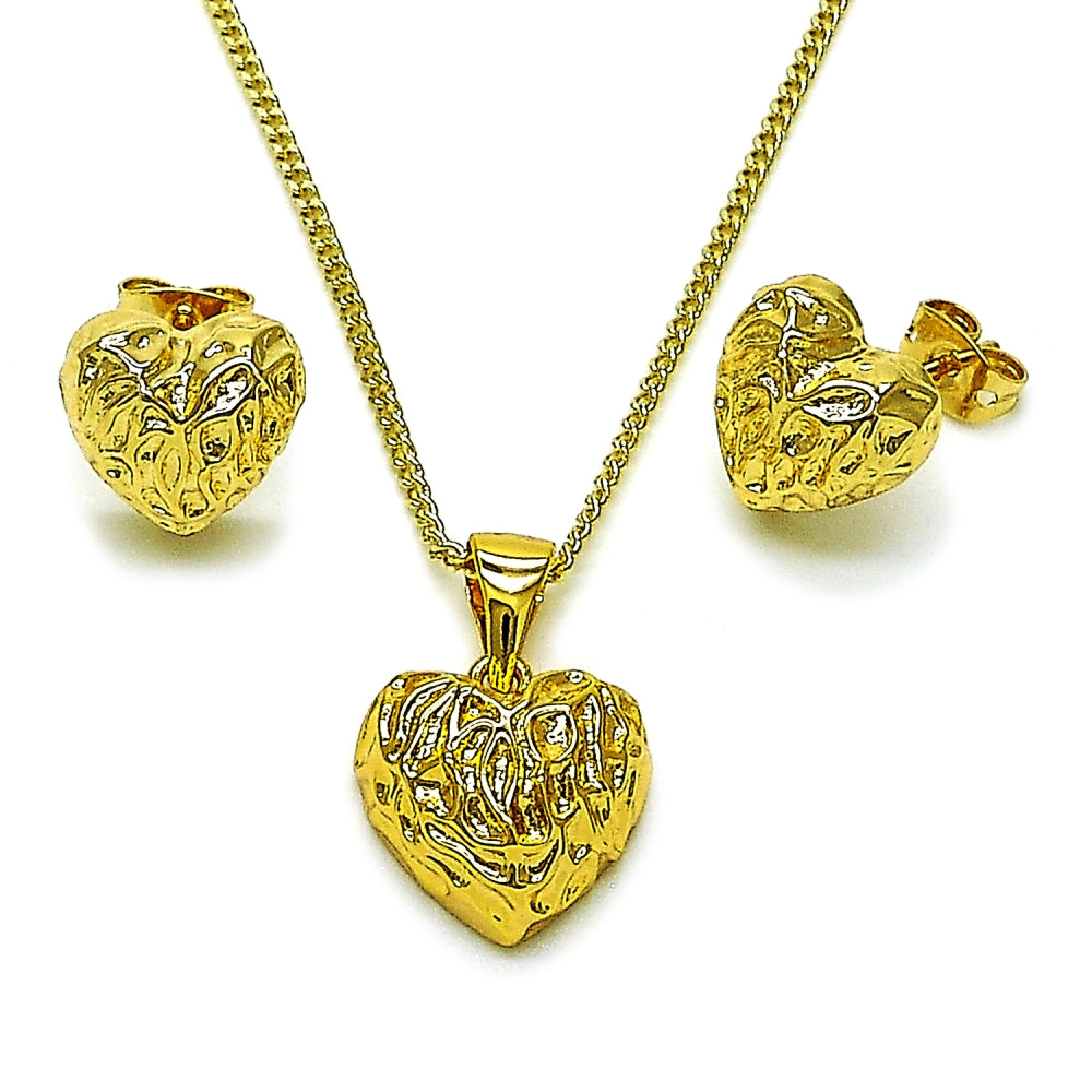Oro Laminado Earring and Pendant Adult Set, Gold Filled Style Heart Design, Diamond Cutting Finish, Golden Finish