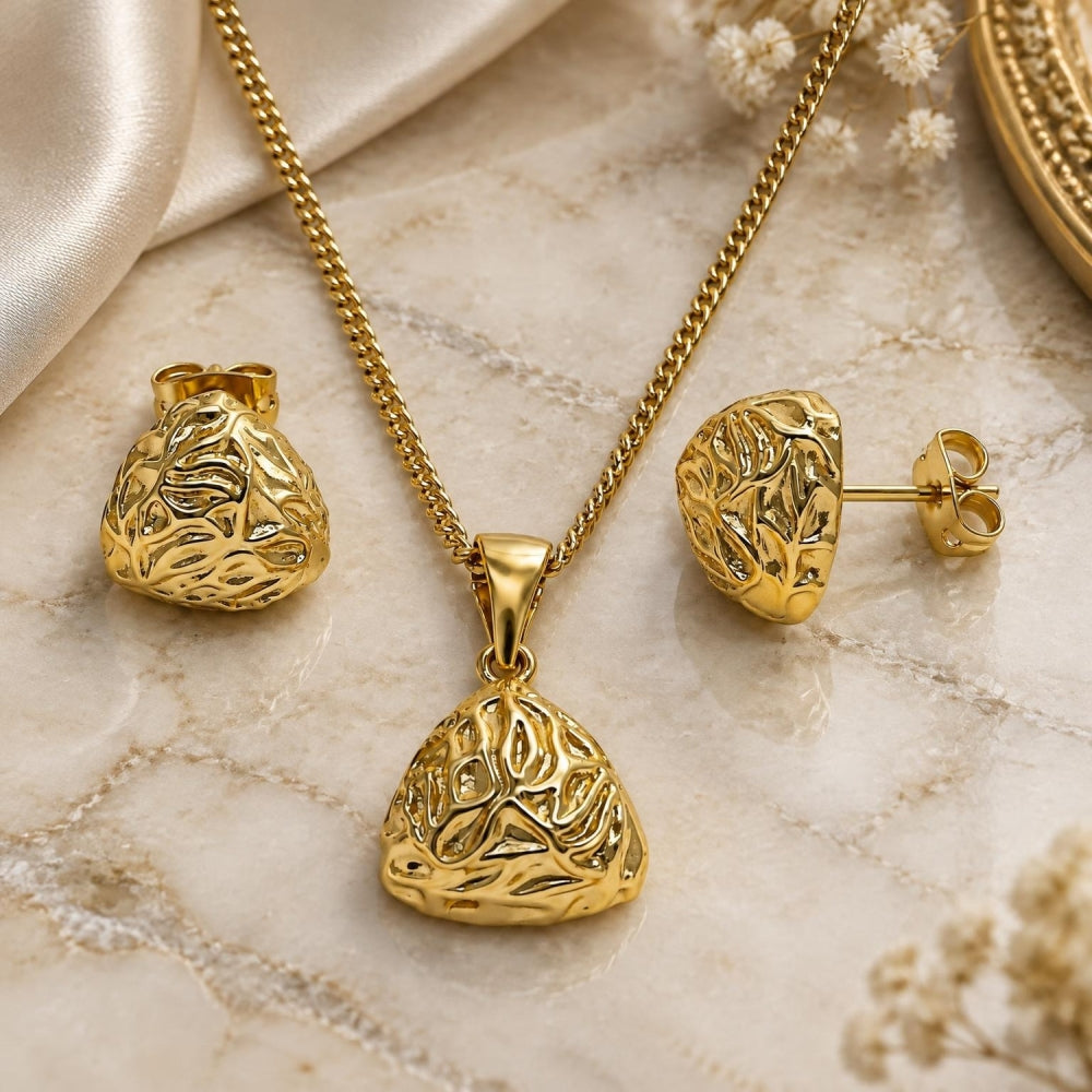 Oro Laminado Earring and Pendant Adult Set, Gold Filled Style Polished, Golden Finish