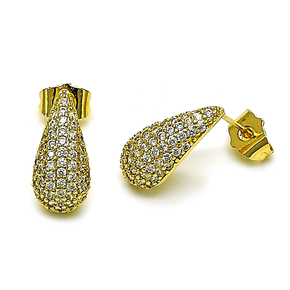 Oro Laminado Stud Earring, Gold Filled Style Teardrop Design, with White Cubic Zirconia, Polished, Golden Finish