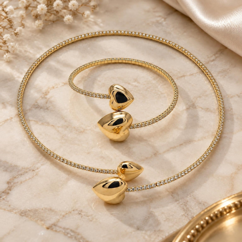 Oro Laminado Necklace and Bracelet, Gold Filled Style Heart Design, with White Cubic Zirconia, Polished, Golden Finish