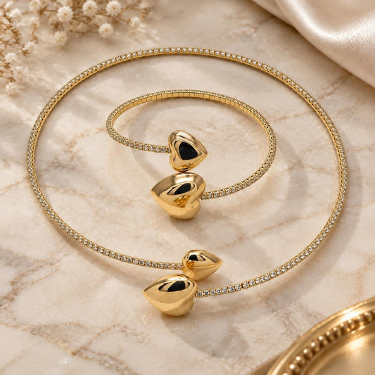 Oro Laminado Necklace and Bracelet, Gold Filled Style Heart Design, with White Cubic Zirconia, Polished, Golden Finish