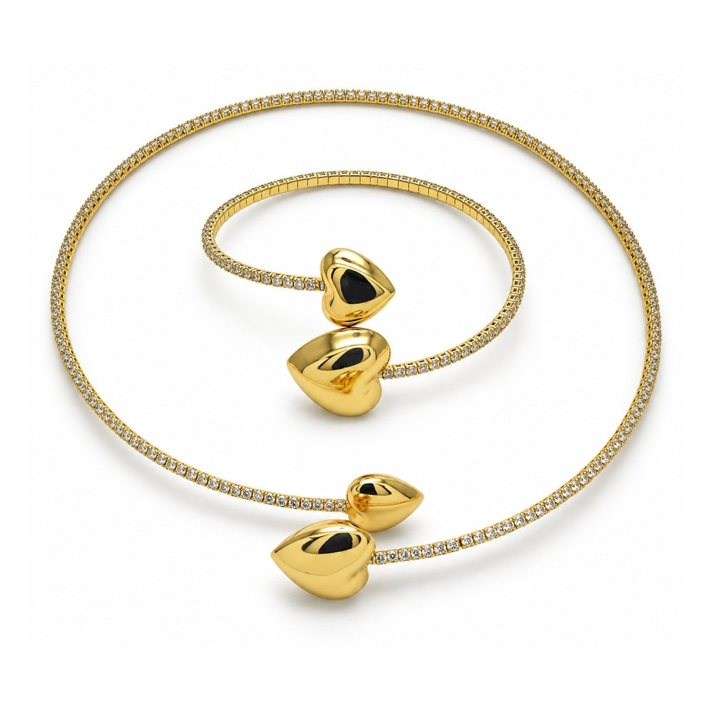 Oro Laminado Necklace and Bracelet, Gold Filled Style Heart Design, with White Cubic Zirconia, Polished, Golden Finish