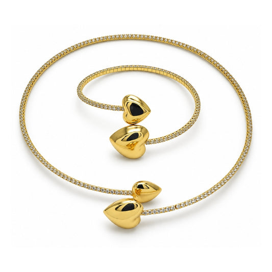 Oro Laminado Necklace and Bracelet, Gold Filled Style Heart Design, with White Cubic Zirconia, Polished, Golden Finish