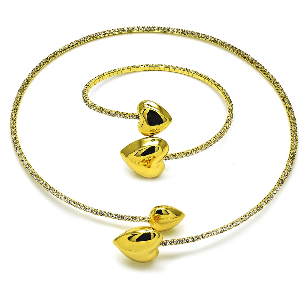 Oro Laminado Necklace and Bracelet, Gold Filled Style Heart Design, with White Cubic Zirconia, Polished, Golden Finish