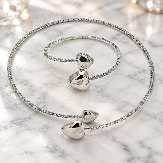 White Gold Filled Necklace and Bracelet, Heart Design, with White Cubic Zirconia, Polished, Rhodium Finish