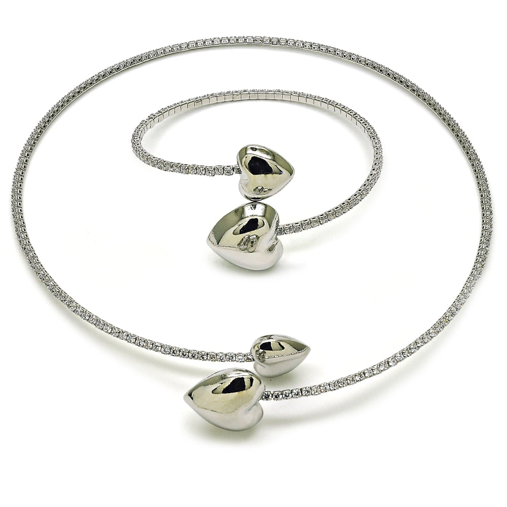 Rhodium Gold Filled Necklace and Bracelet, Heart Design, with White Cubic Zirconia, Polished, Rhodium Finish
