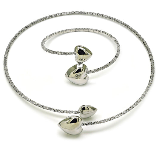Rhodium Gold Filled Necklace and Bracelet, Heart Design, with White Cubic Zirconia, Polished, Rhodium Finish