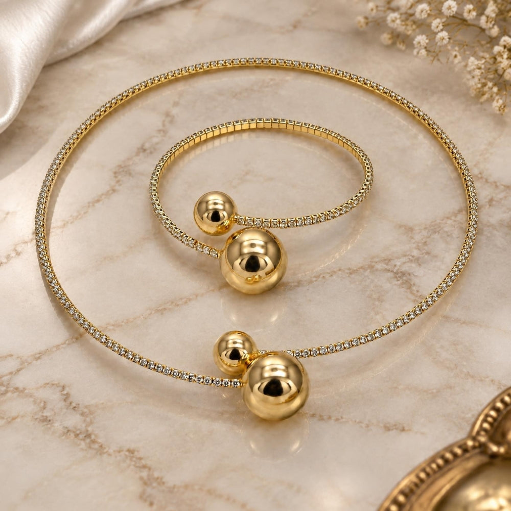 Oro Laminado Necklace and Bracelet, Gold Filled Style Ball Design, with White Cubic Zirconia, Polished, Golden Finish