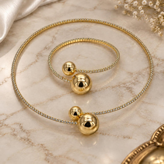 Oro Laminado Necklace and Bracelet, Gold Filled Style Ball Design, with White Cubic Zirconia, Polished, Golden Finish