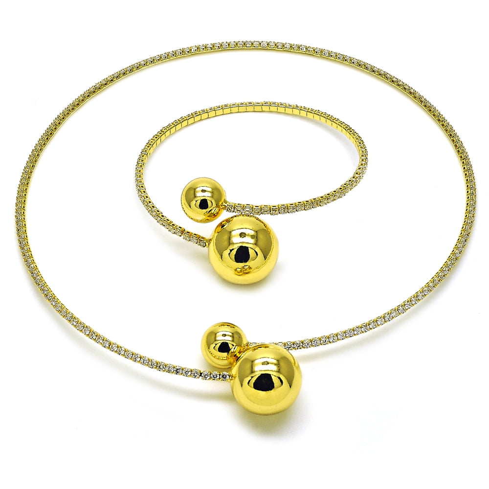Oro Laminado Necklace and Bracelet, Gold Filled Style Ball Design, with White Cubic Zirconia, Polished, Golden Finish