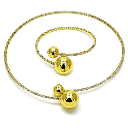 Oro Laminado Necklace and Bracelet, Gold Filled Style Ball Design, with White Cubic Zirconia, Polished, Golden Finish