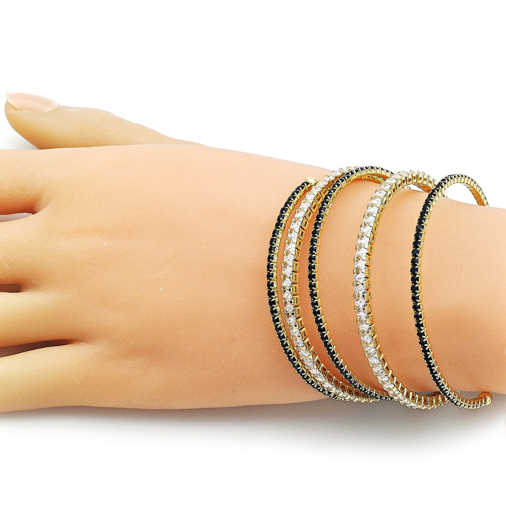 Oro Laminado Individual Bangle, Gold Filled Style Baguette Design, with Black and White Cubic Zirconia, Polished, Golden Finish
