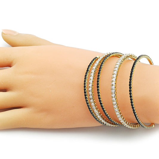 Oro Laminado Individual Bangle, Gold Filled Style Baguette Design, with Black and White Cubic Zirconia, Polished, Golden Finish