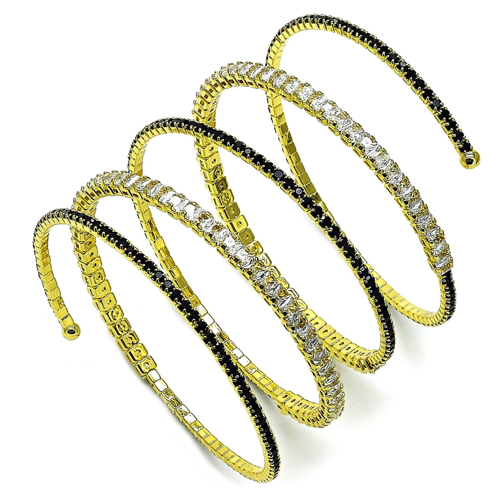 Oro Laminado Individual Bangle, Gold Filled Style Baguette Design, with Black and White Cubic Zirconia, Polished, Golden Finish