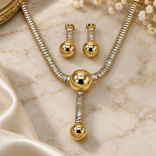 Oro Laminado Necklace and Earring, Gold Filled Style Ball and Baguette Design, with White Cubic Zirconia, Polished, Golden Finish