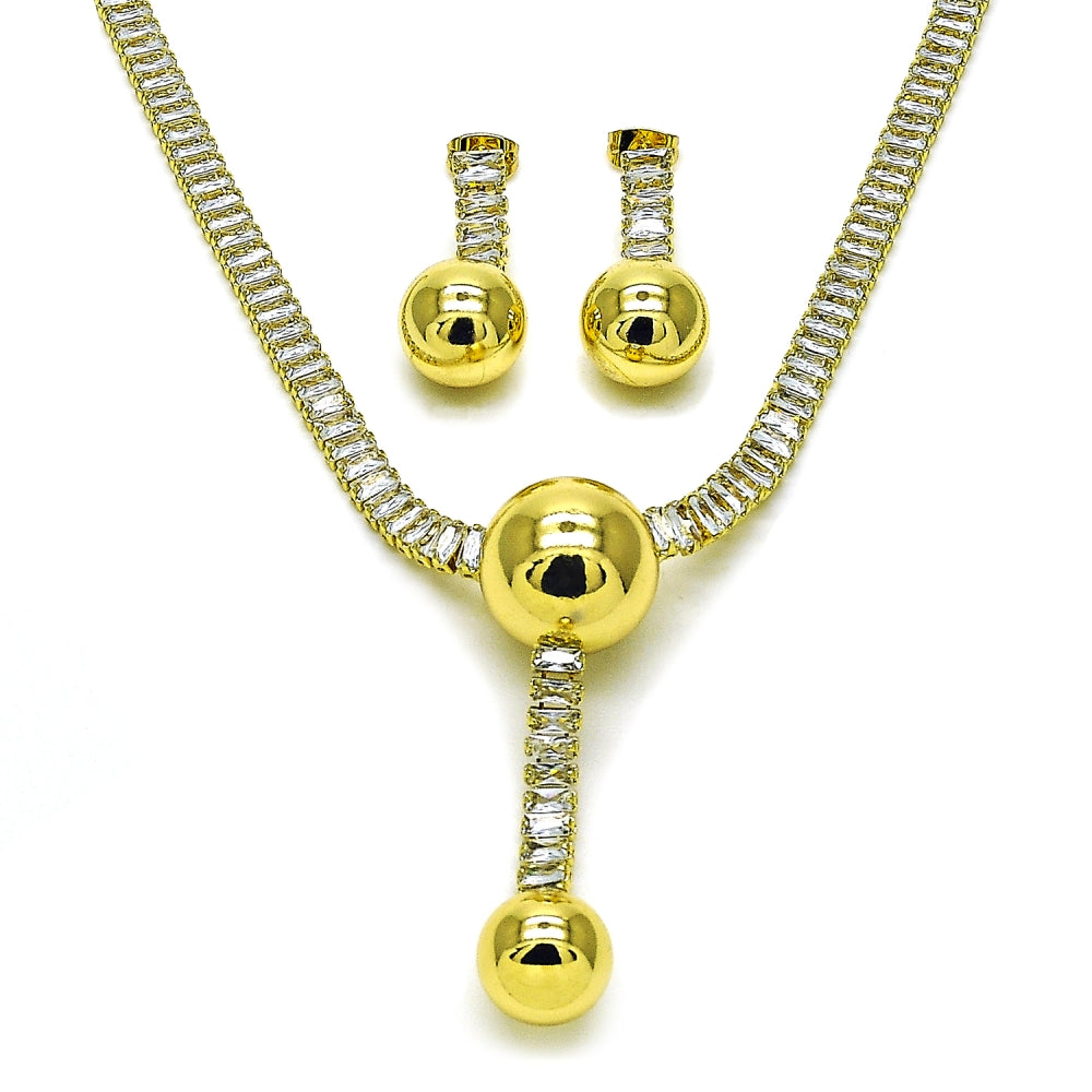 Oro Laminado Necklace and Earring, Gold Filled Style Ball and Baguette Design, with White Cubic Zirconia, Polished, Golden Finish