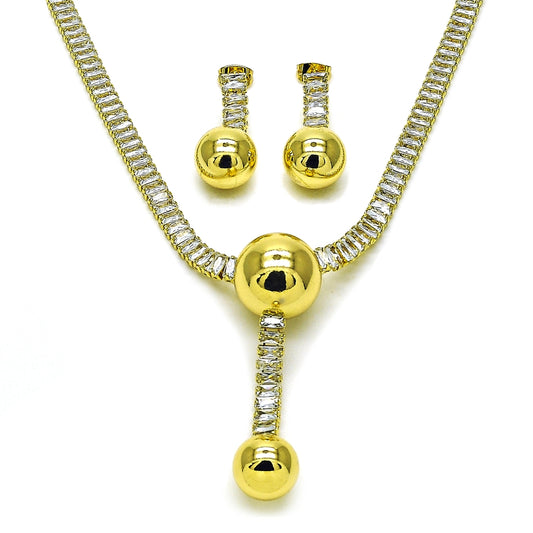 Oro Laminado Necklace and Earring, Gold Filled Style Ball and Baguette Design, with White Cubic Zirconia, Polished, Golden Finish