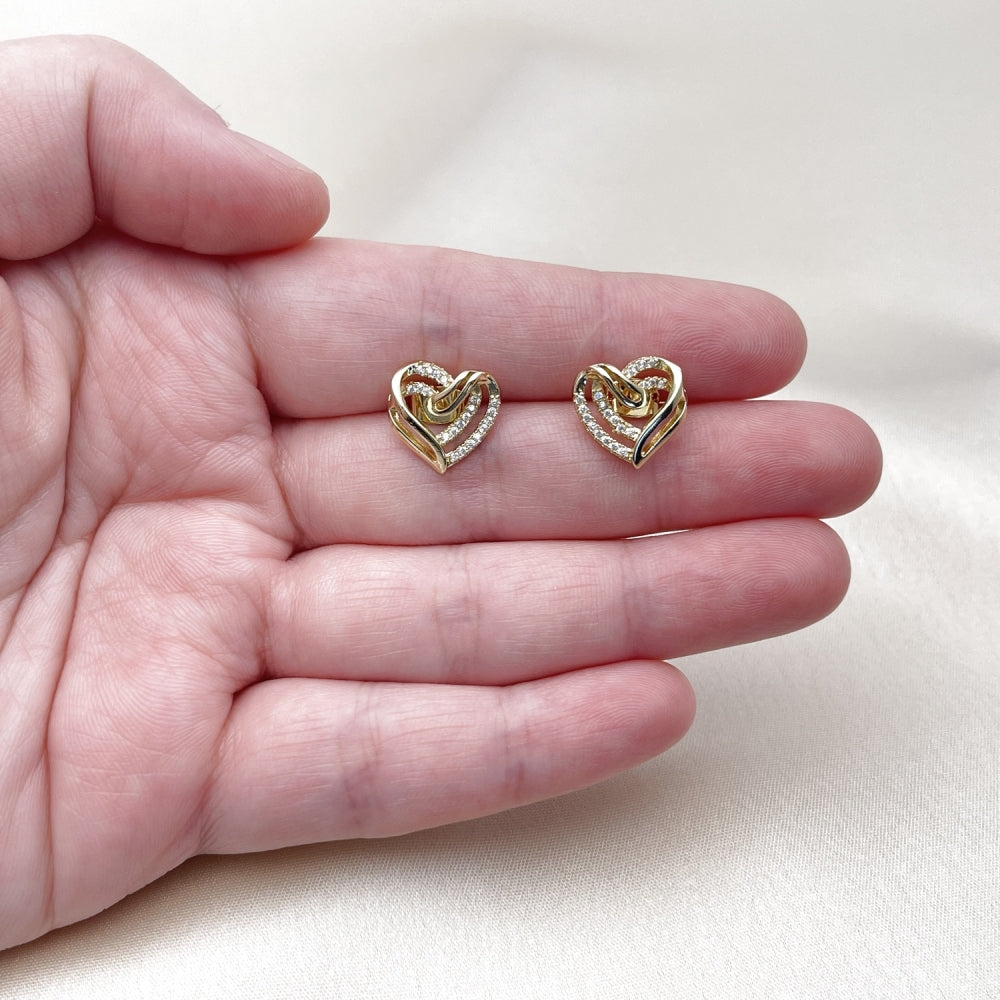 Oro Laminado Stud Earring, Gold Filled Style Heart Design, with White Micro Pave, Polished, Golden Finish