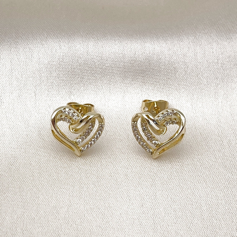 Oro Laminado Stud Earring, Gold Filled Style Heart Design, with White Micro Pave, Polished, Golden Finish