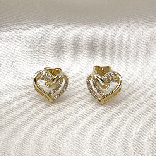 Oro Laminado Stud Earring, Gold Filled Style Heart Design, with White Micro Pave, Polished, Golden Finish