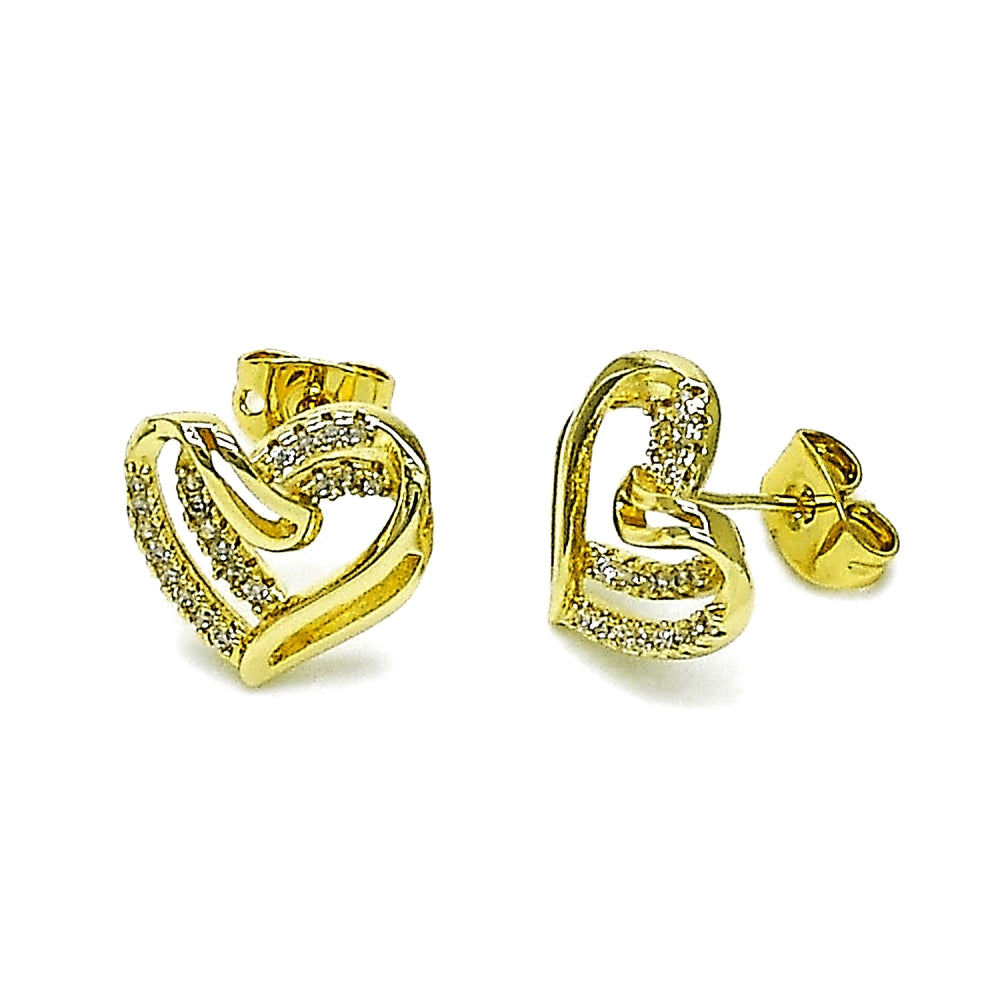 Oro Laminado Stud Earring, Gold Filled Style Heart Design, with White Micro Pave, Polished, Golden Finish