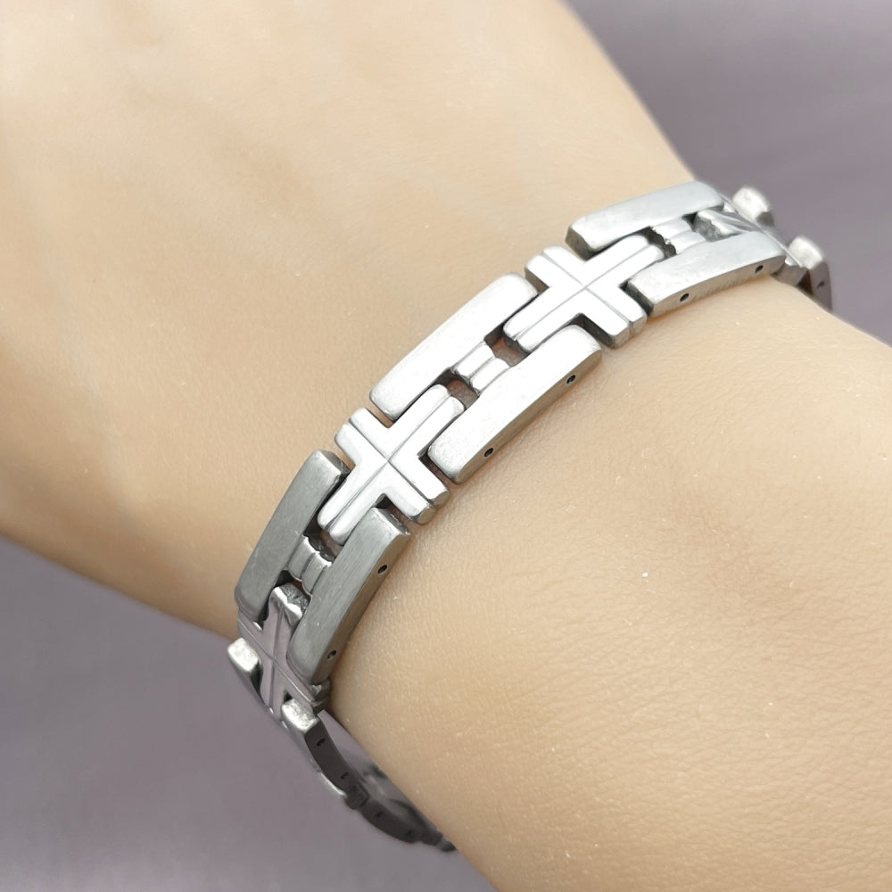 Stainless Steel Solid Bracelet, Cross Design, Polished, Steel Finish