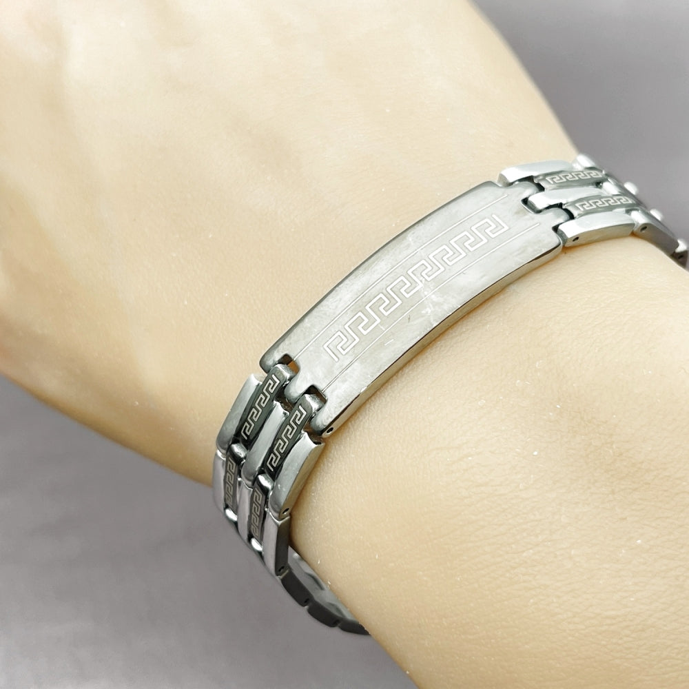 Stainless Steel Solid Bracelet, Greek Key Design, Polished, Two Tone