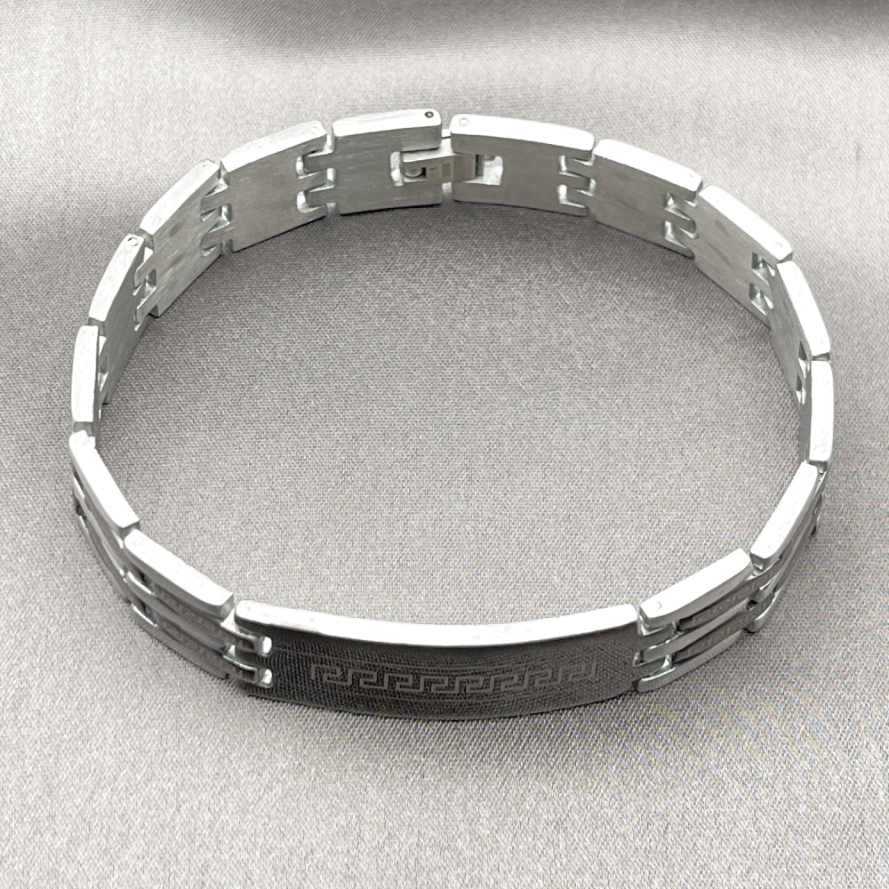 Stainless Steel Solid Bracelet, Greek Key Design, Polished, Two Tone