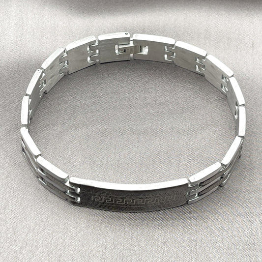 Stainless Steel Solid Bracelet, Greek Key Design, Polished, Two Tone
