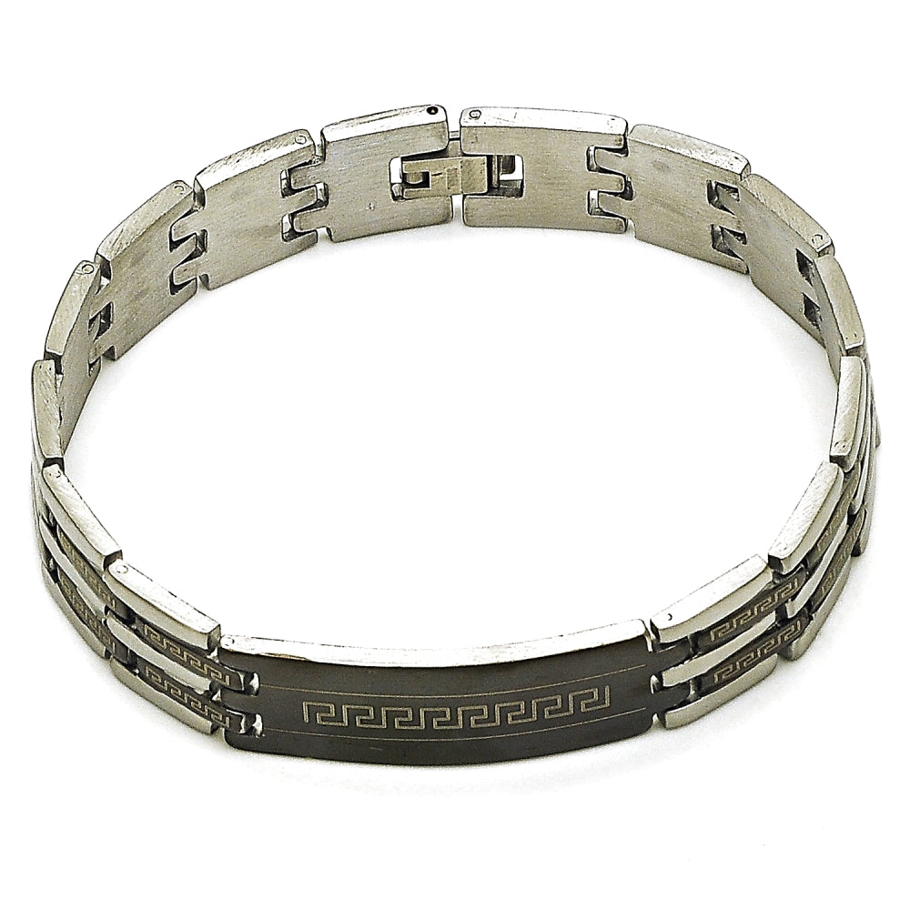 Stainless Steel Solid Bracelet, Greek Key Design, Polished, Two Tone