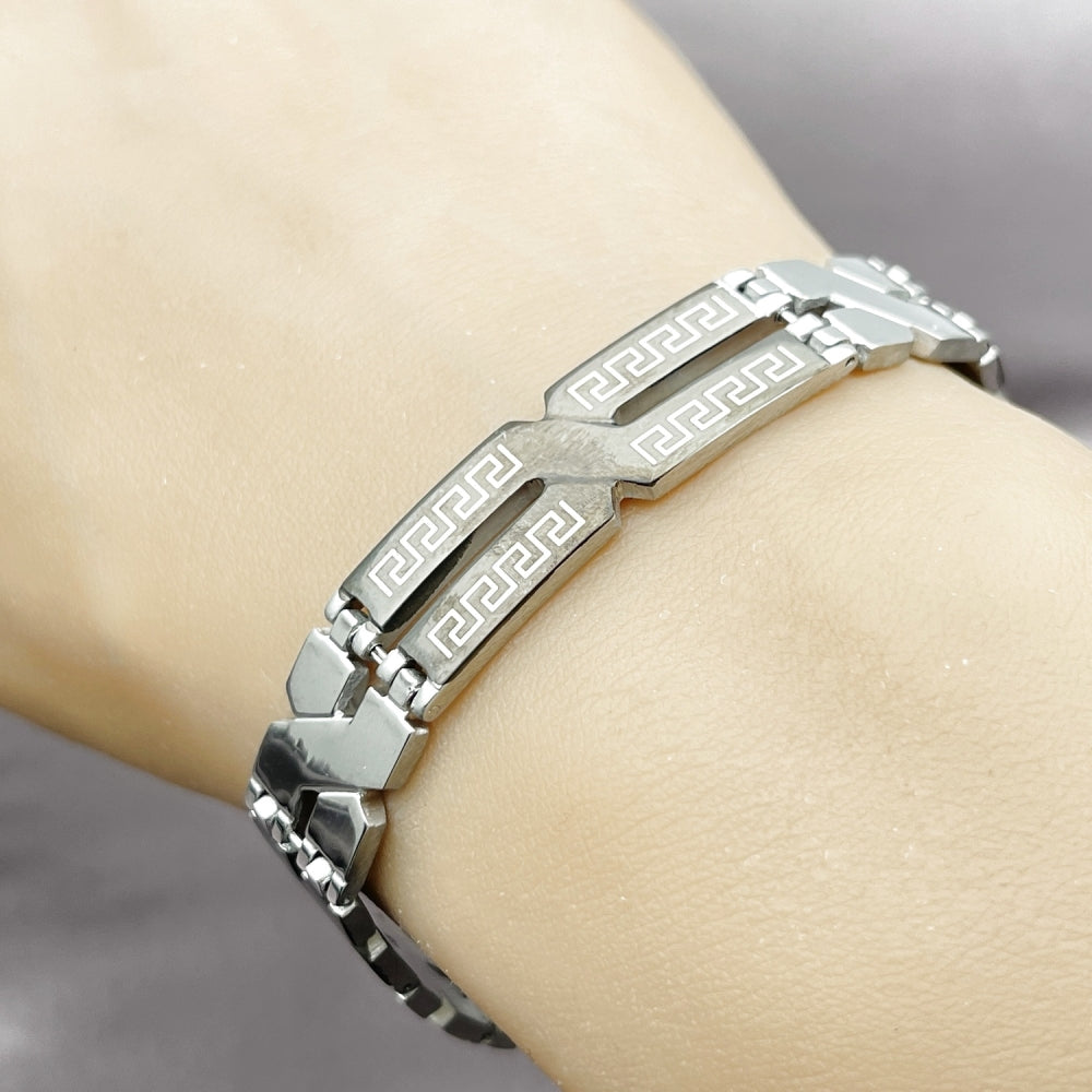 Stainless Steel Solid Bracelet, Greek Key Design, Polished, Two Tone