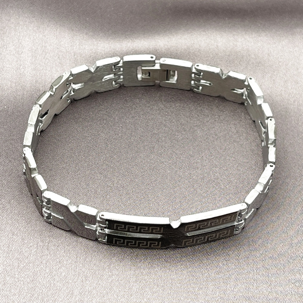 Stainless Steel Solid Bracelet, Greek Key Design, Polished, Two Tone