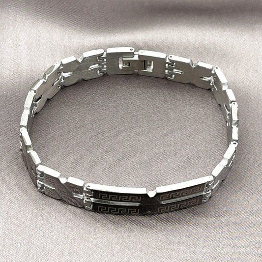 Stainless Steel Solid Bracelet, Greek Key Design, Polished, Two Tone