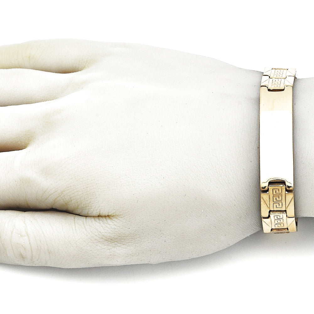 Stainless Steel Solid Bracelet, Greek Key Design, Polished, Golden Finish