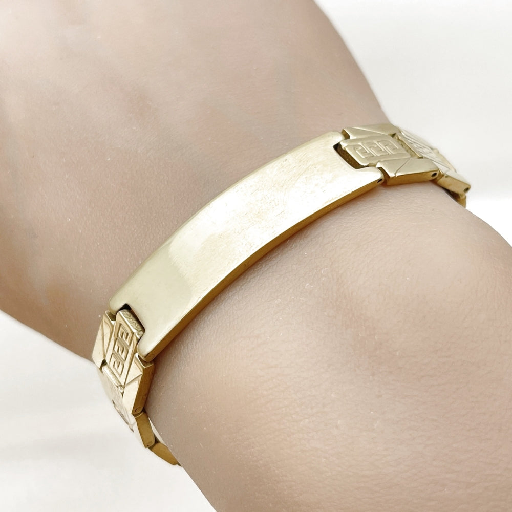 Stainless Steel Solid Bracelet, Greek Key Design, Polished, Golden Finish