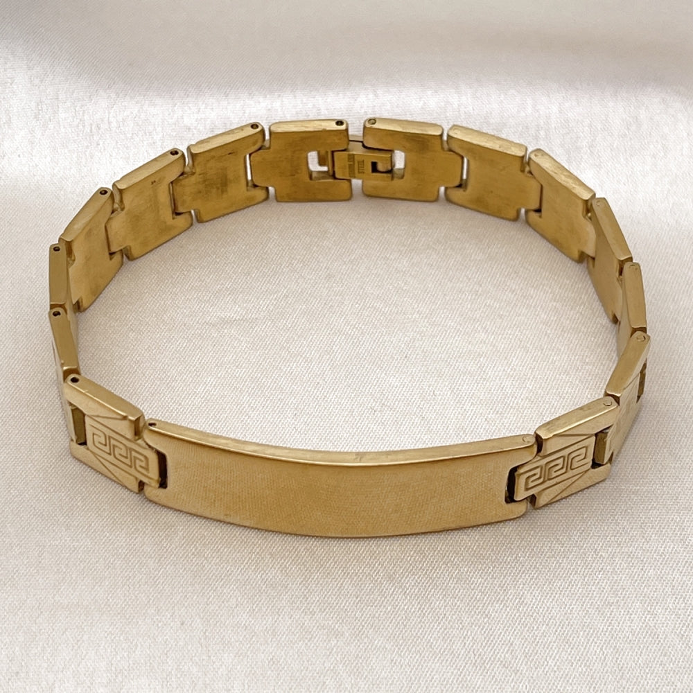 Stainless Steel Solid Bracelet, Greek Key Design, Polished, Golden Finish